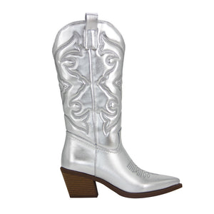 Women embroidered cowgirl boots | Chunky heel pointed toe mid calf boots