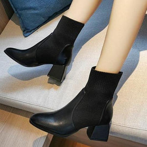 Women knit solid color chunky heel round toe short boots