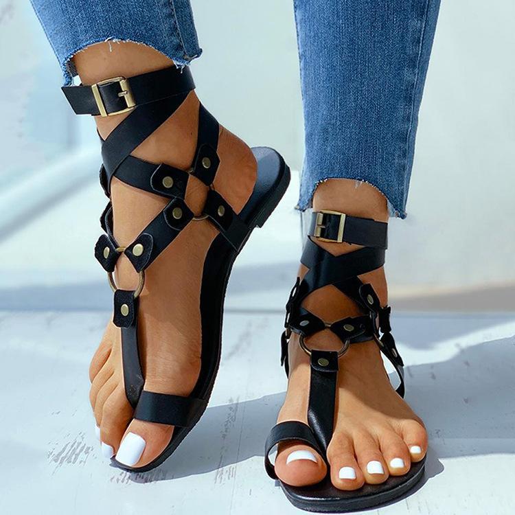 Women criss cross strappy ring toe flat sandals