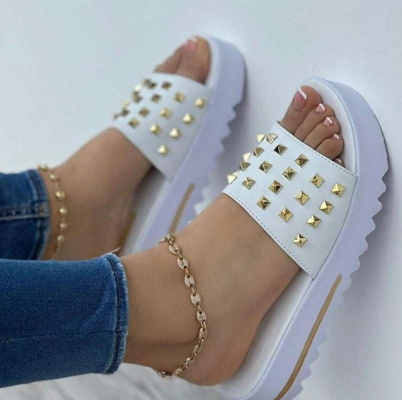 Women studded peep toe one strap beach slide sandals