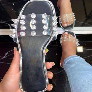 Women clear stap studded summer flat slide sandals