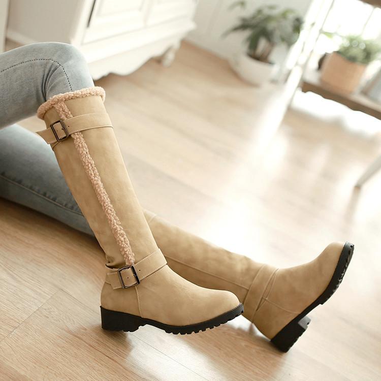 Women winter knee high faux fur chunky heel buckle strap snow boots