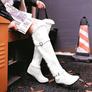 Women motorcyle buckle strap fashion faux fur knee high boots