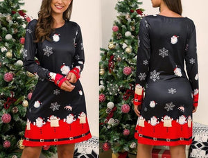 Women Premium Round Neck Long Sleeve Santa Claus Print Girls Christmas Dress - Getcomfyshoes