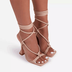 Women square peep toe chunky criss cross strappy lace up heels