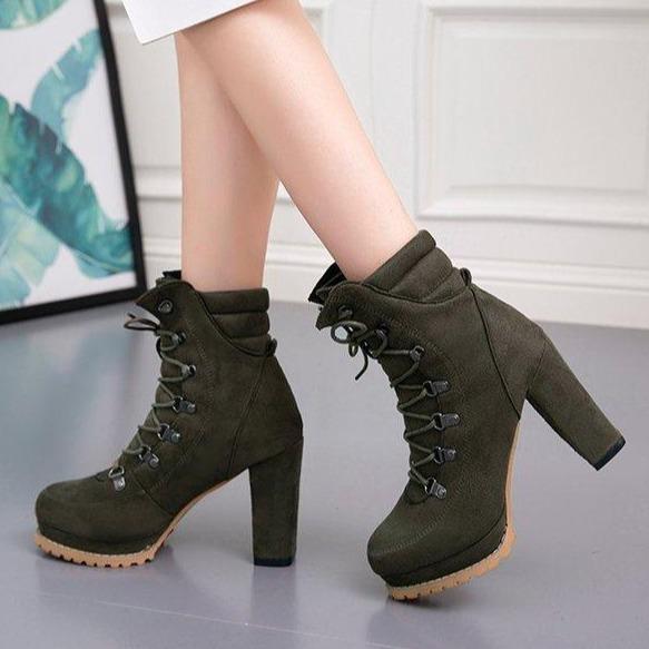 Women studded lace up platform chunky heeled booties