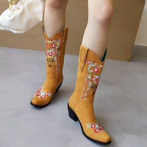Women mid calf flower embroidered chunky heel cowboy boots
