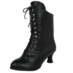 Women chunky heel side zipper lace up short boots