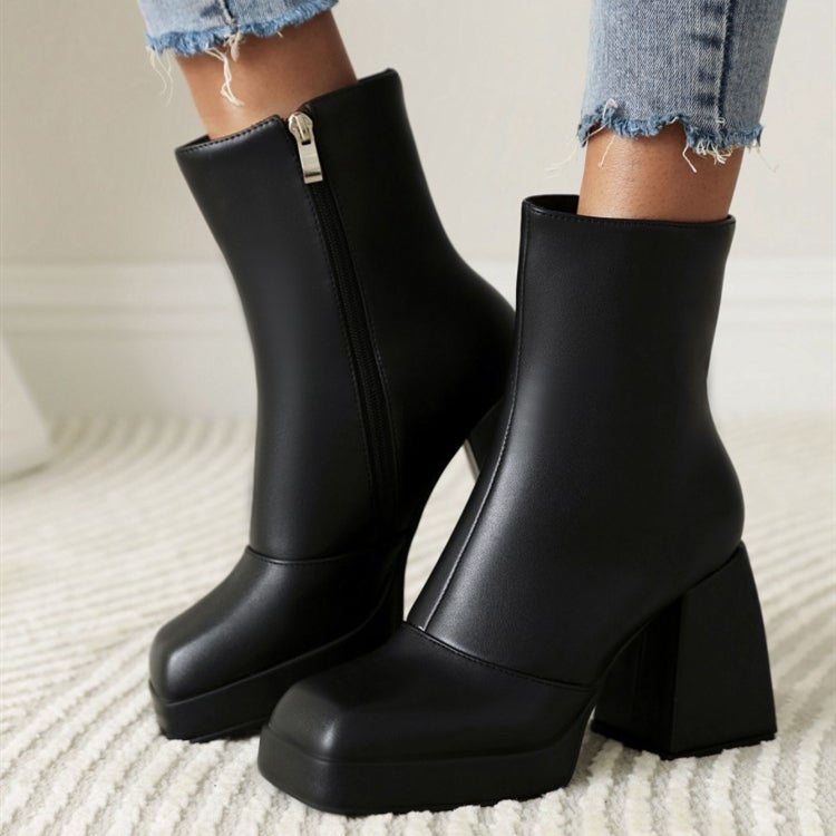 Women short go go boots square toe chunky high heel platform boots