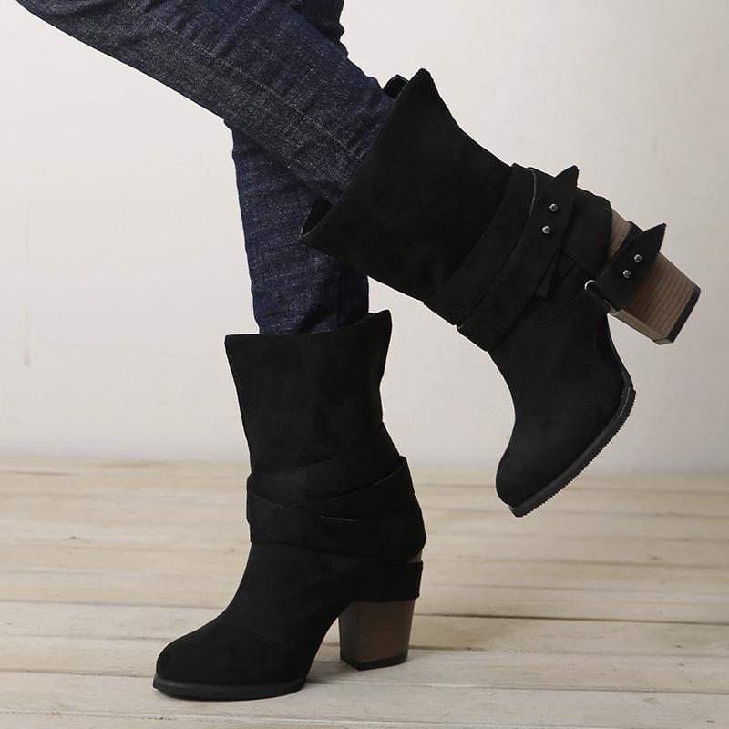 Women winter short buckle strap stacked chunky heel boots