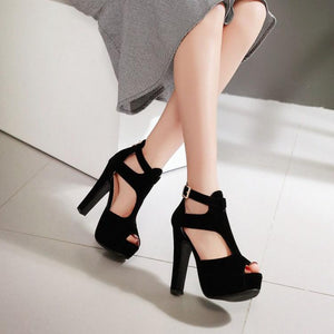 Women platform peep toe hollow ankle strap chunky high heels