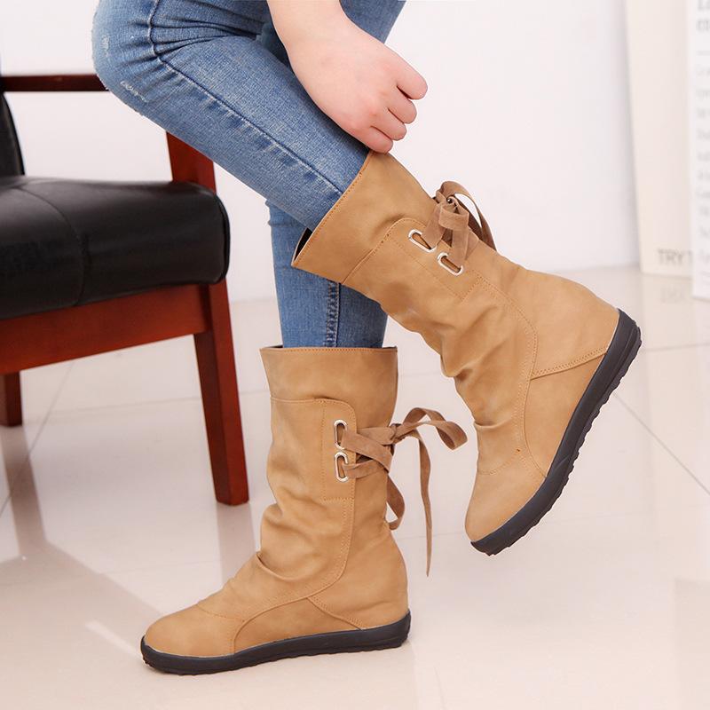 Women mid calf back lace up pleated flat boots