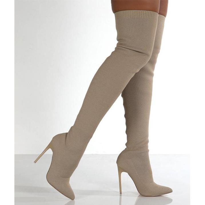 Women stiletto high heel pointed toe knit slip on over the knee boots