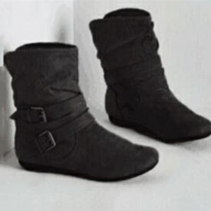 Women winter lining faux fur double buckle strap short flat boots