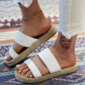 Women two strap flat espadrille summer slide sandals