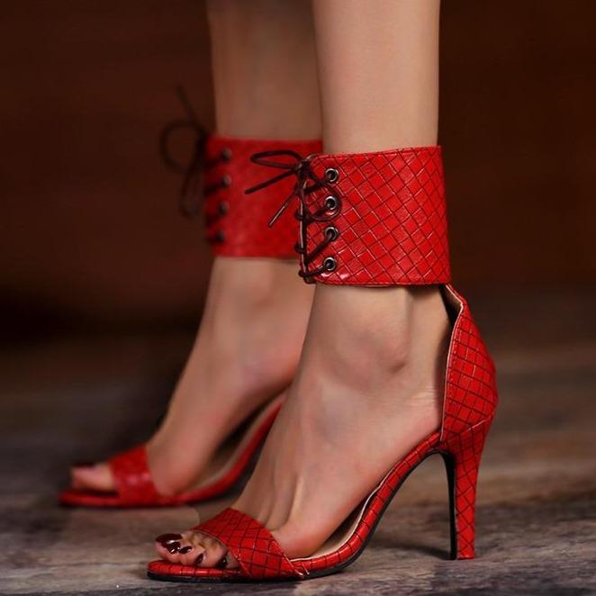 Women ankle lace up side hollow peep toe stiletto heels