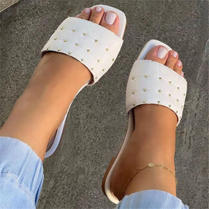 Women square peep toe studded one strap beach flat sandals