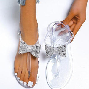 Women rhinestone bowknot ankle strap summer beach flat sandals