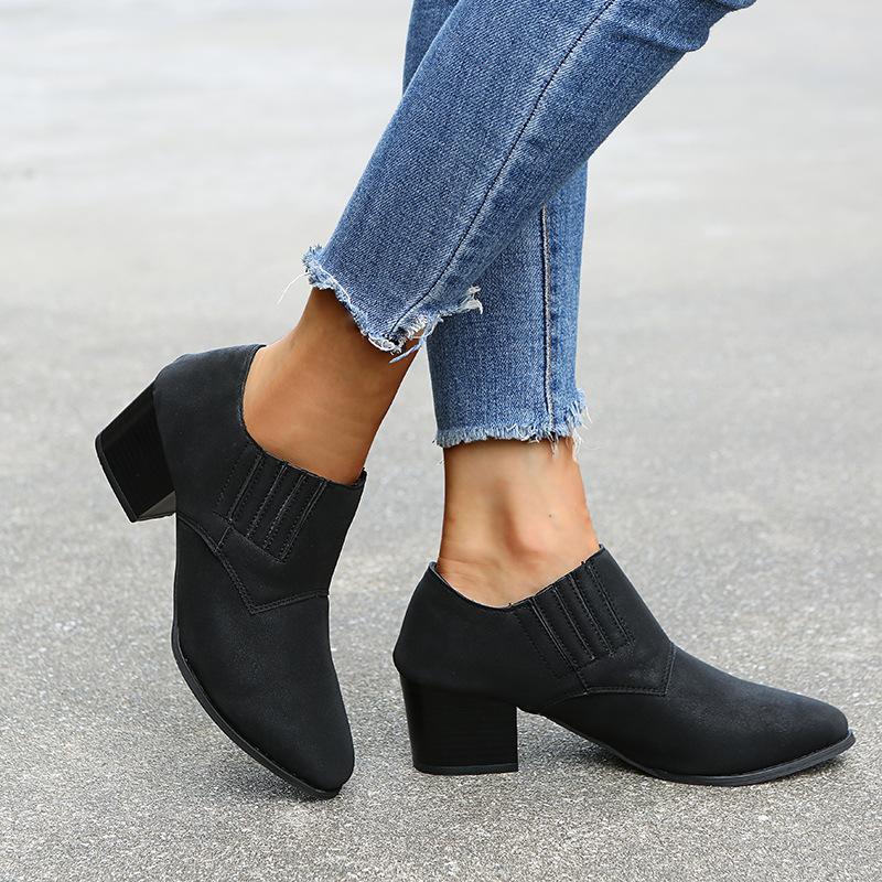 Women pointed toe chunky heel slip on ankle boots