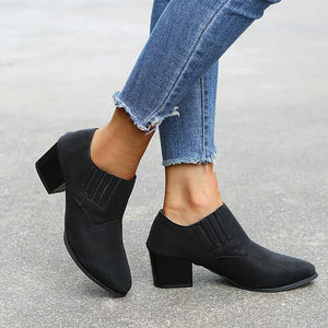 Women pointed toe chunky heel slip on ankle boots