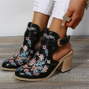 Women summer boots | Embroidery studded slingback buckle strap chunky heeled booties
