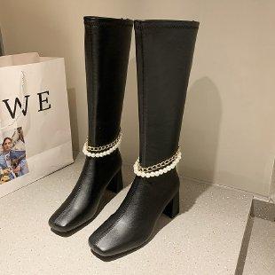 Women square toe chain rhinestone chunky knee high boots