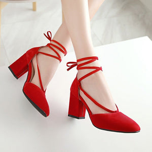 Women square closed toe side hollow strappy lace up chunky heels