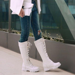 Women chunky platform knee high criss cross lace up motorcycle boots