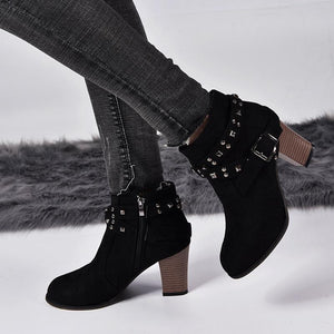 Women studded buckle strap chunky high heel ankle boots