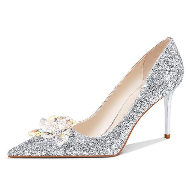 Women bridal rhinestone pointed toe sequin stiletto wedding heels