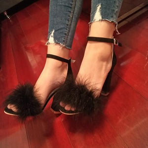 Women peep toe faux fur ankle strap side hollow chunky heels
