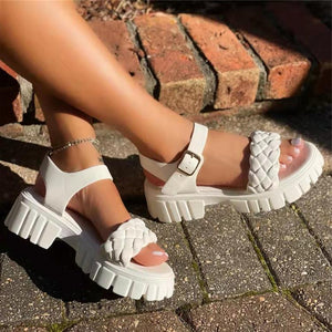 Women summer buckle strap woven casual beach platform sandals