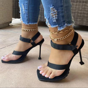 Women square clip toe magic tape sandal high heels