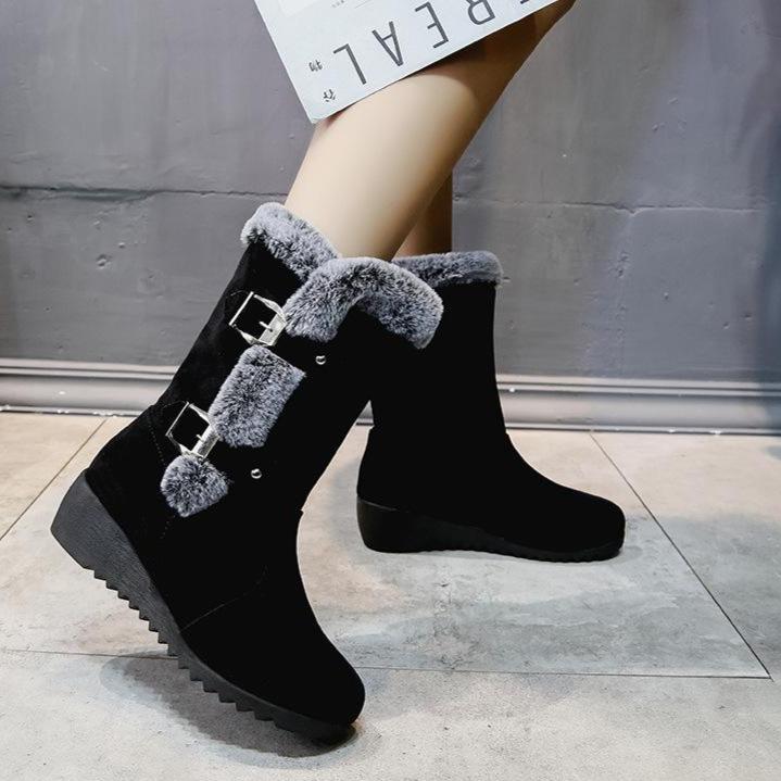 Women buckle straps thick faux fur wedge mid calf snow boots