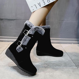 Women buckle straps thick faux fur wedge mid calf snow boots