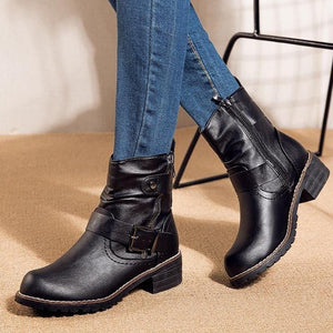 Women buckle strap chunky heel side zipper short boots