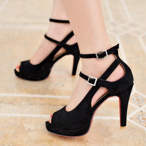 Women peep toe buckle two ankle strap chunky heels