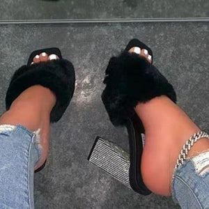 Women rhinestone chunky slipper square peep toe fur heels
