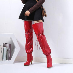 Women fashion chunky high heel lace up thigh high boots