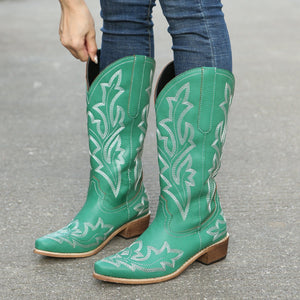 Women embroidered medium chunky heel mid calf boots