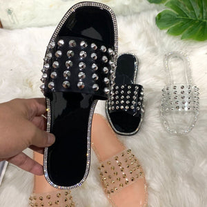 Women peep toe flat slide studded jelly sandals
