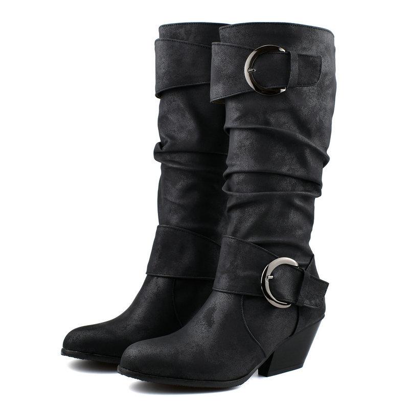 Women chunky high heel buckle strap motorcycle boots