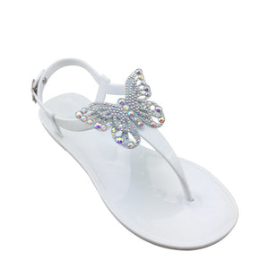 Women butterfly rhinestone buckle strap flat jelly sandals