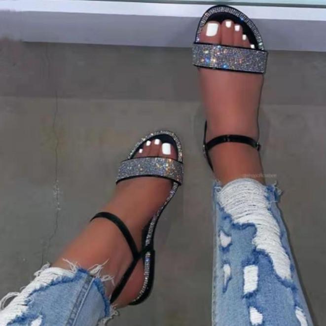 Women rhinestone peep toe ankle strap sandals flat bling sandals