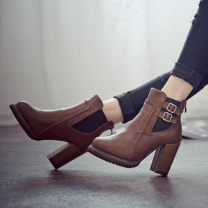 Women chunky high heel platform buckle strap ankle boots