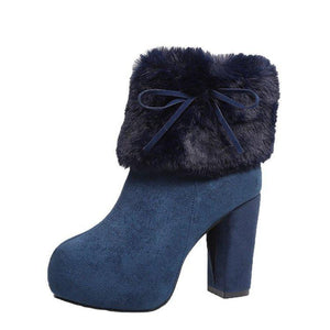 Women winter warm faux fur bowknot chunky high heeled platform booties