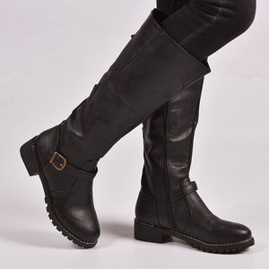 Women buckle strap chunky heel side zipper knee high boots
