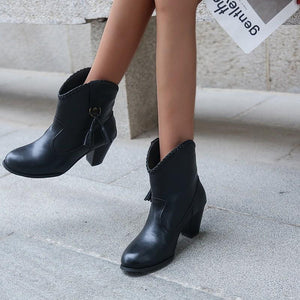 Women fringe short slip on chunky heel boots