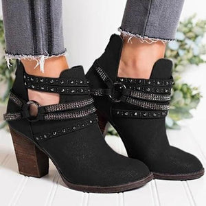 Women rhinestone strap side hollow chunky heel ankle boots