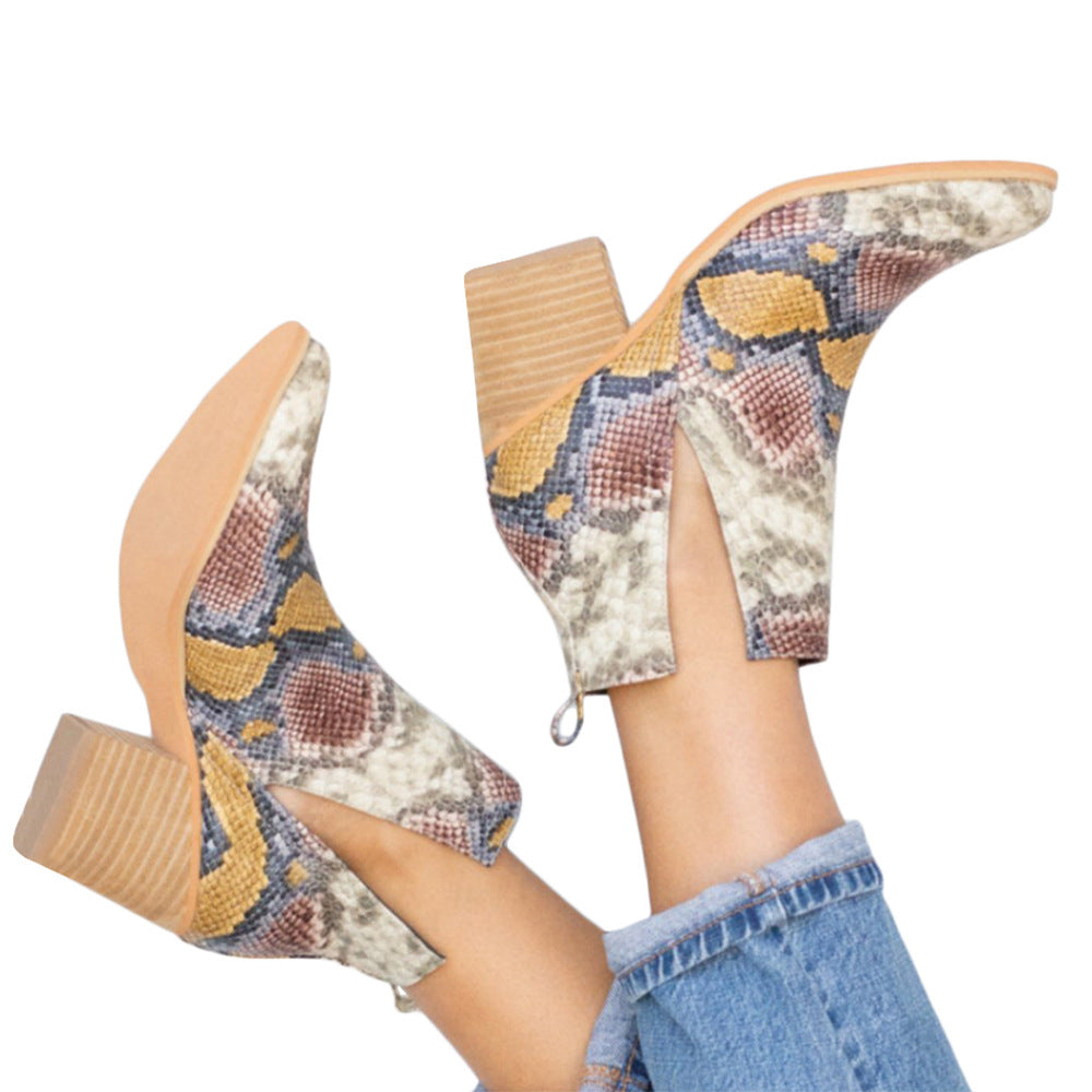 Women pointed toe chunky heel snakeskin embossed hollow ankle boots